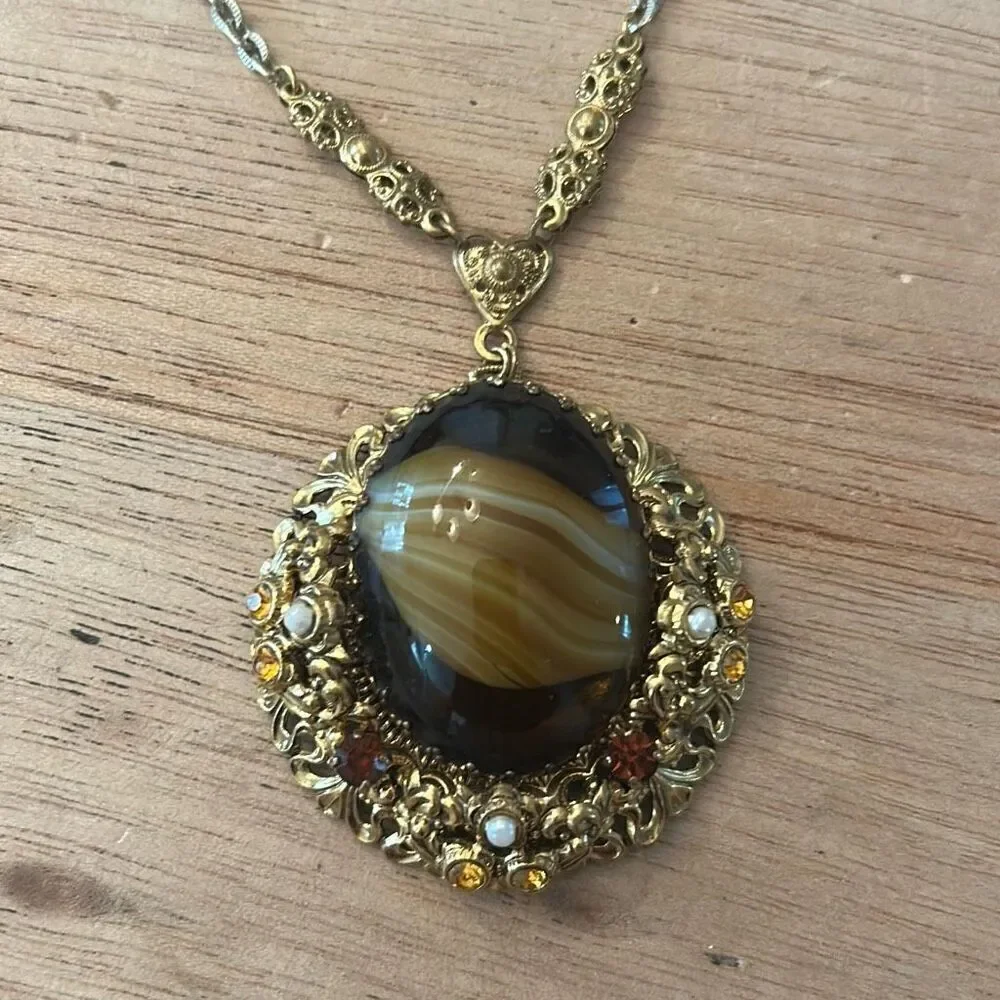 Vintage made in West Germany at gate filigree pendant with pearl and stone detai